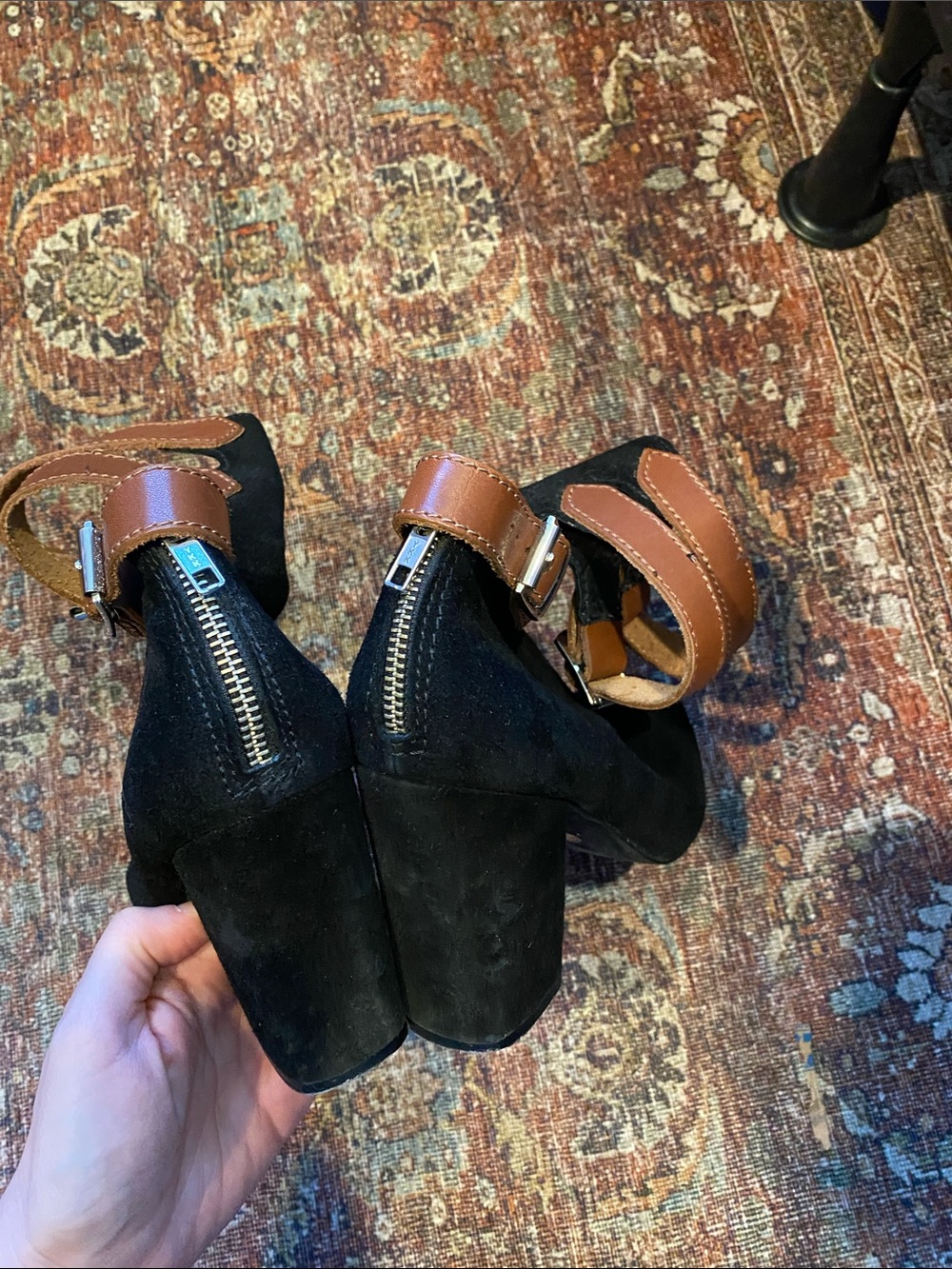 Anthropologie/Pied Juste Black Suede Ankle Boots with Tan Buckle Straps. Size 9 - Picture 5 of 11